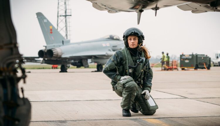 A female Eurofighter Typhoon pilot in the British Royal Air Force.