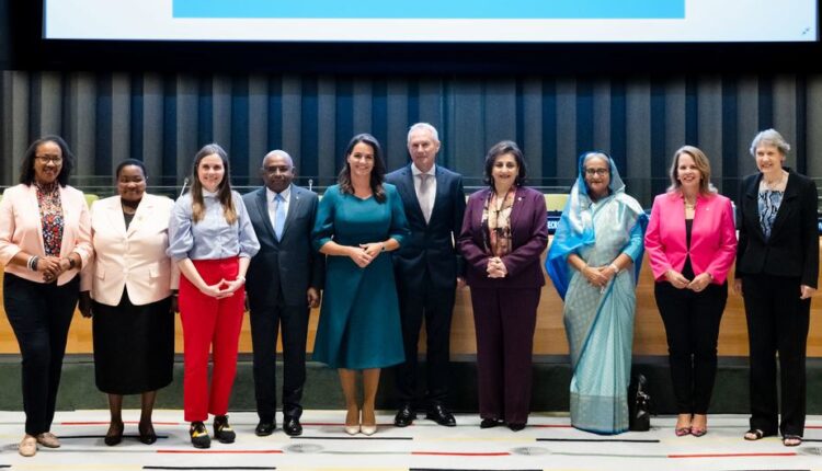 Women Heads of State and Government on stage, together with the President of the General Assembly and his predecessor, for a meeting on the sidelines of UNGA77, part of the newly established Platform of Women Leaders..