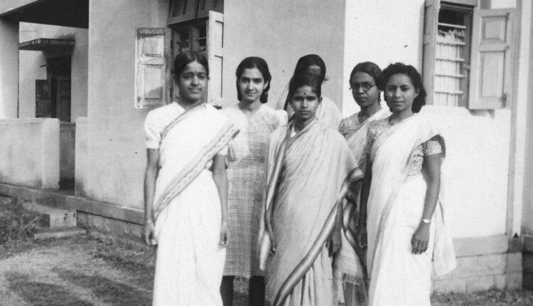 Students outside the first women’s hostel at IISc, C. 1945. (L-R) Rajeswari Chatterjee, Roshan Irani, M Premabai, Miriam George and Violet D’Souza.