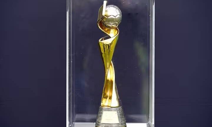A general view of the Women's World Cup trophy on display during the FIFA Women's World Cup Trophy Tour at Irishtown Stadium in Dublin, Ireland.